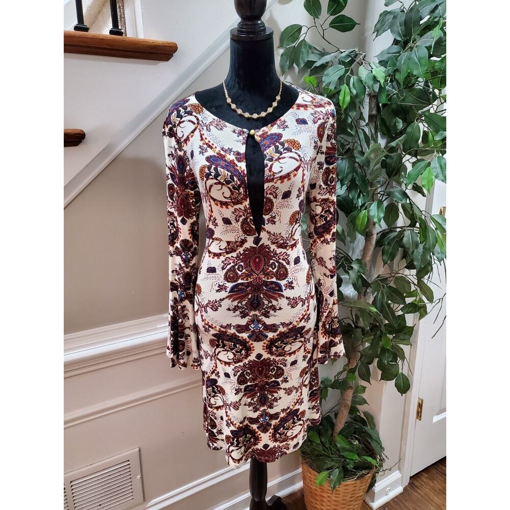 Venus Women Multicolor Polyester Round Neck Long Sleeve Knee Length Dress Size S